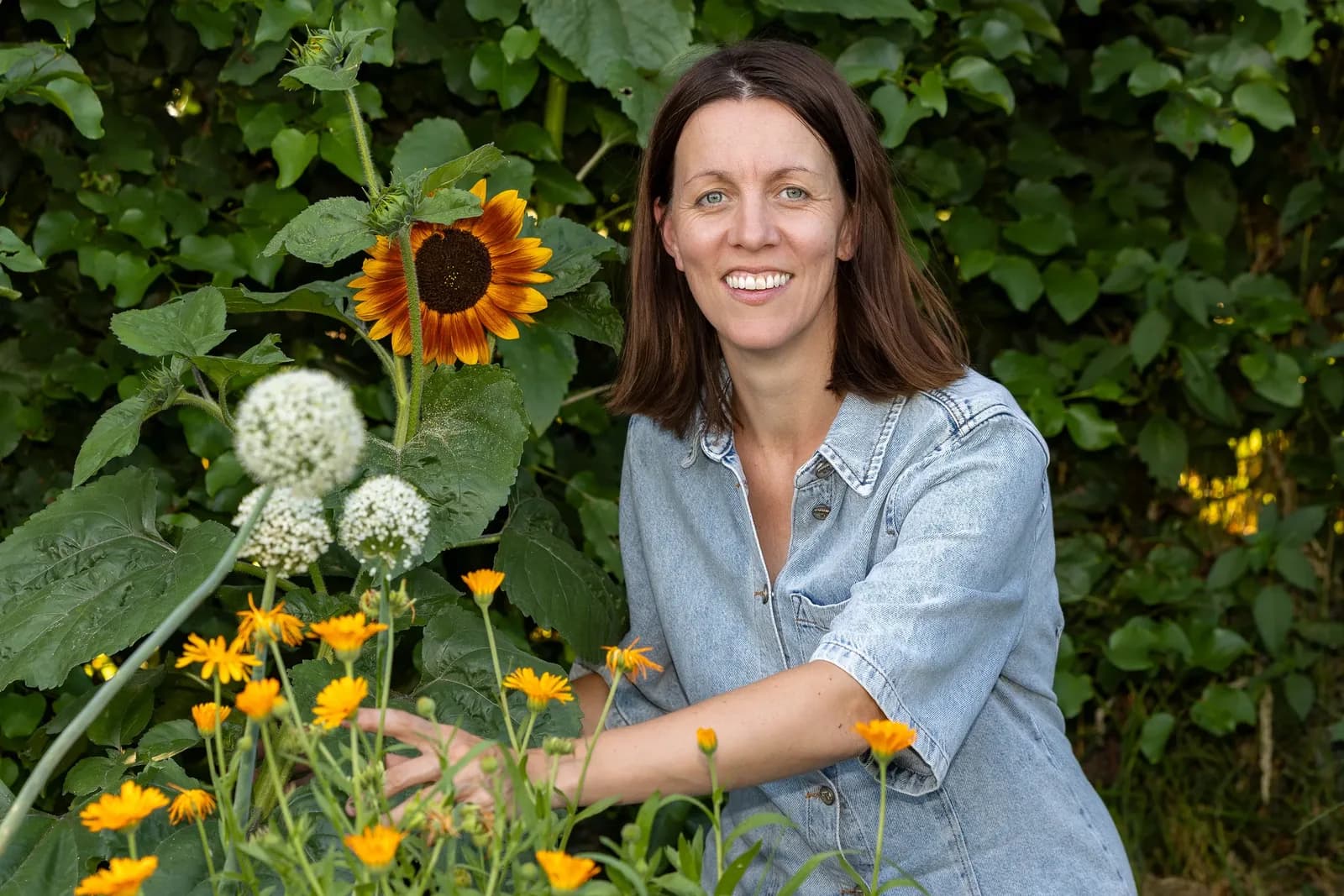 Anne zit tussen de goudsbloemen en een bloeiende zonnebloem, met de groene haag als achtergrond